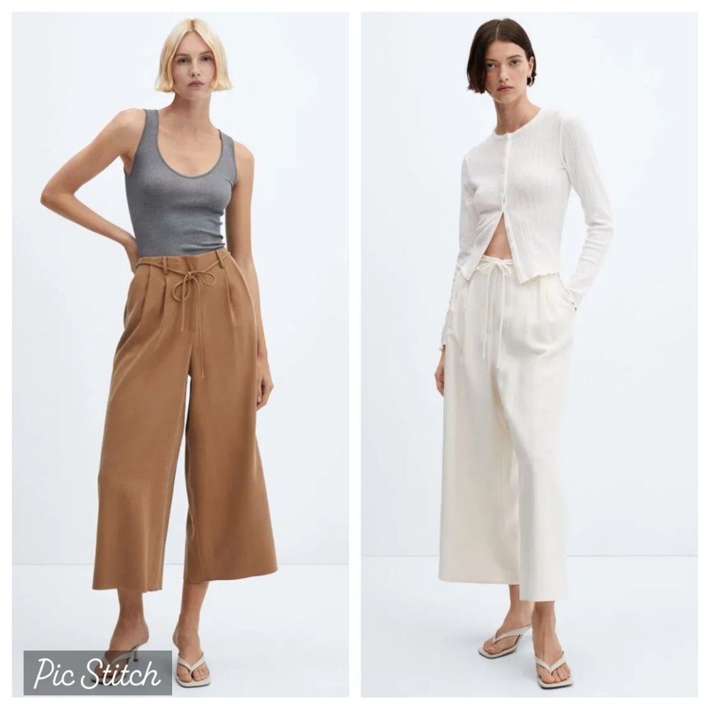 Bundle of 2: Mango Tan and Cream Wide-Leg Pants with Belt